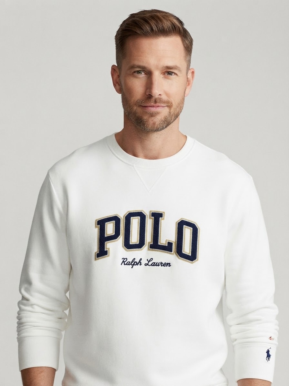 Ralph Lauren White Crewneck Sweatshirt with Navy and Gold POLO Appliqué